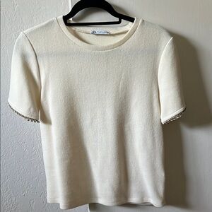 Zara Elegant Cream Top with Embellished Sleeves